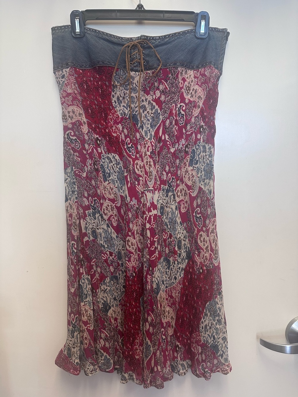 Bohemian Red Paisley Midi Dress with Denim Waist